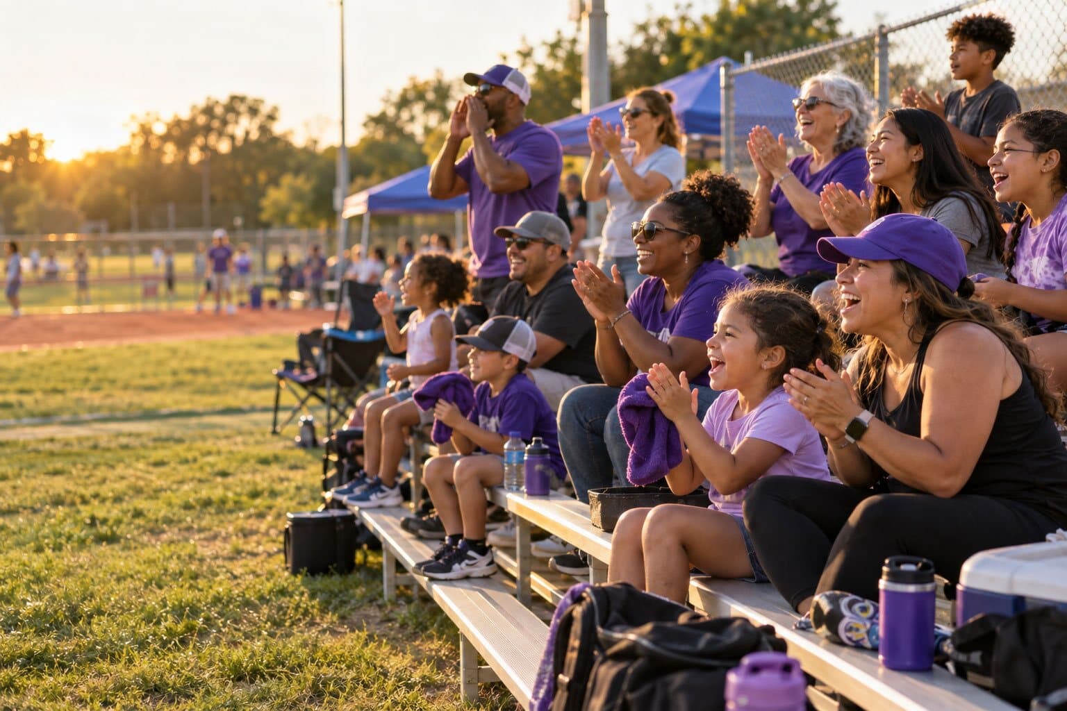 Families and younger siblings watching a game from the bleachers on a summer evening.