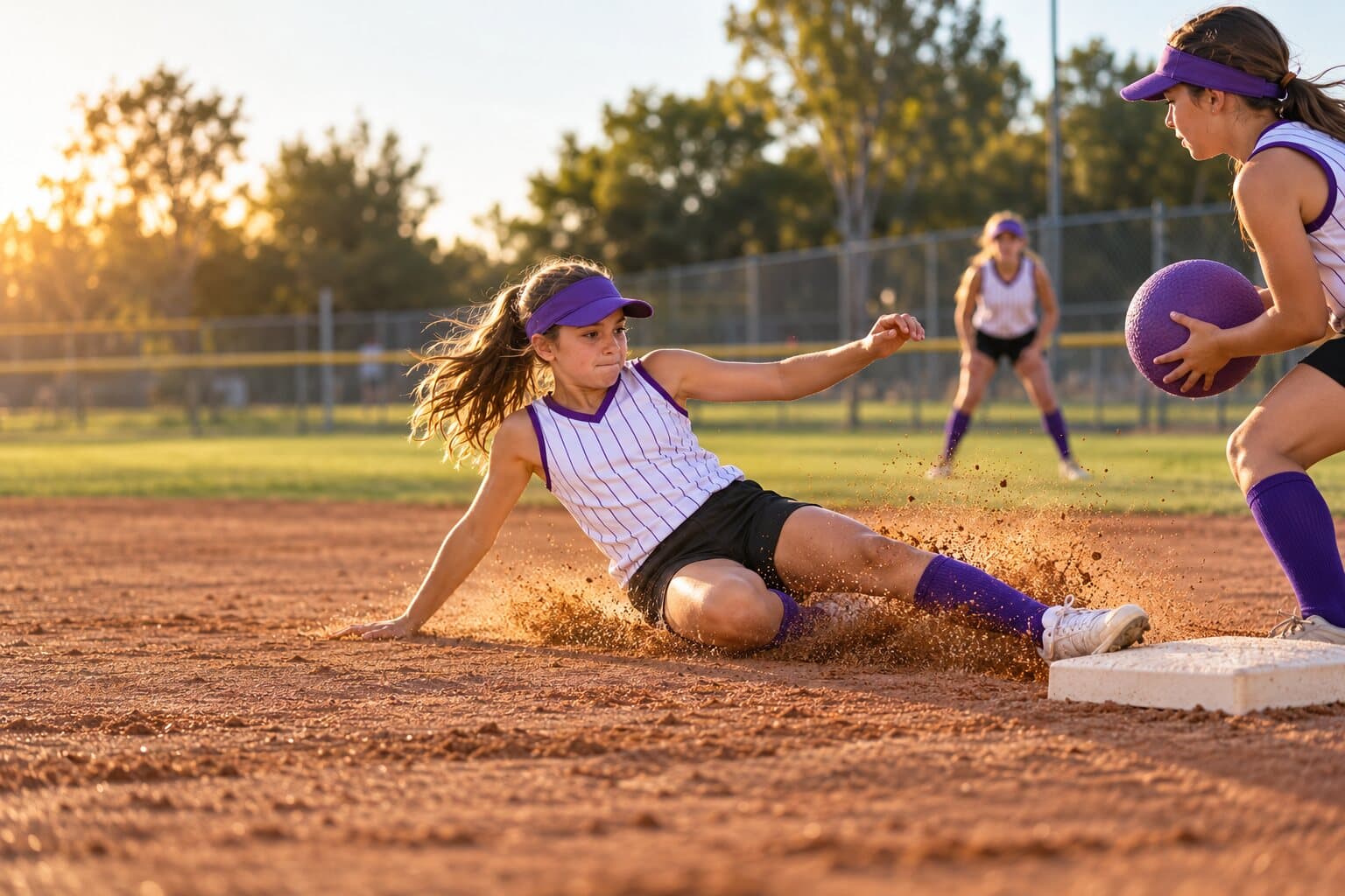 A player sliding into the base in a cloud of infield dust as the throw comes in.