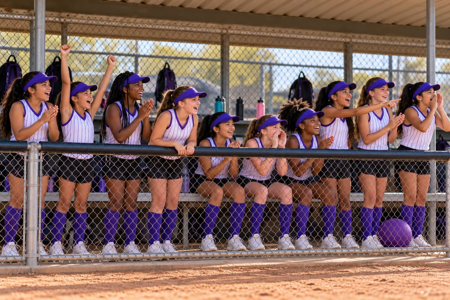 A team cheering for a teammate from the dugout fence.