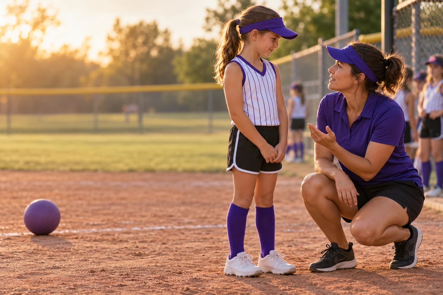 A coach kneels beside a young player at the edge of the field, talking her through it.