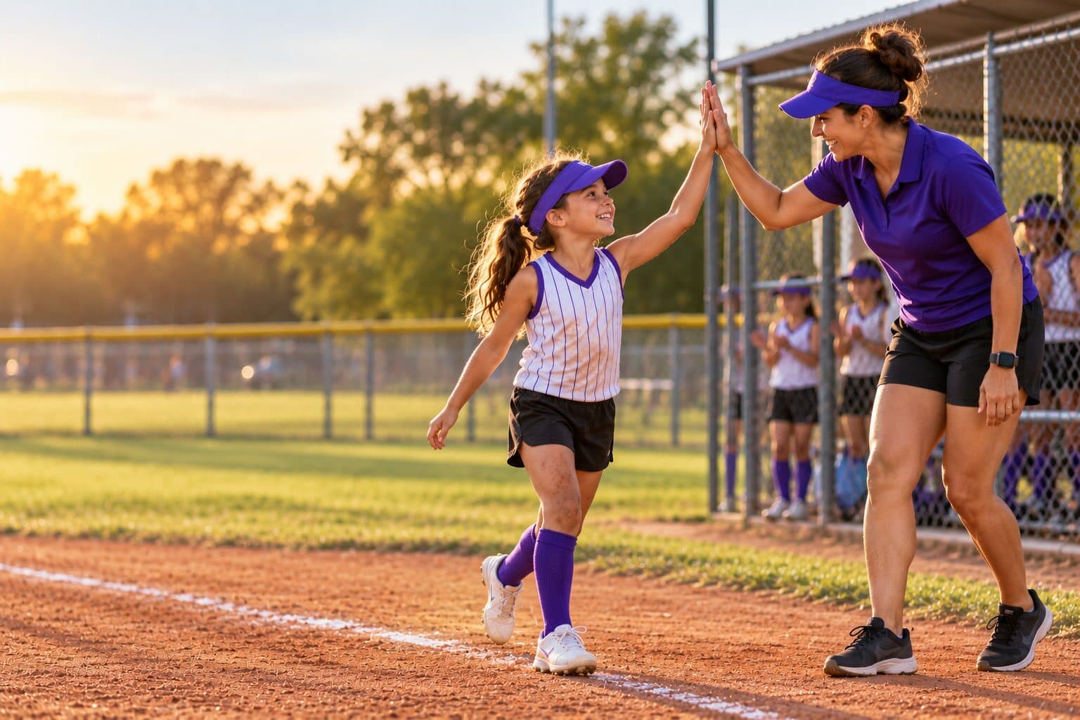 A coach and a player high-five on the infield at the end of a game.